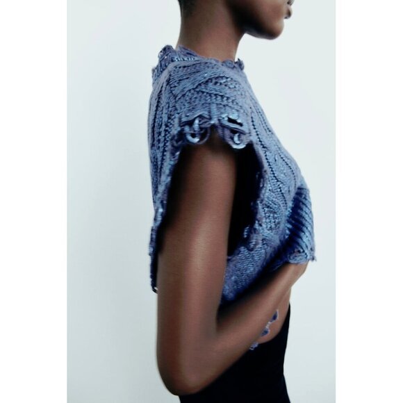 NWT Zara blue cable knit cropped metallic vest sleeveless sweater, S - Picture 4 of 12